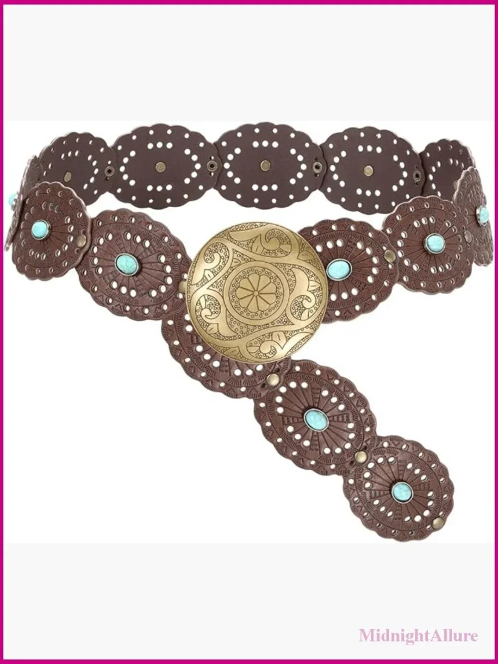 Western Disc Belt with Turquoise - Cowgirl Boho Country Leather Belt for Jeans